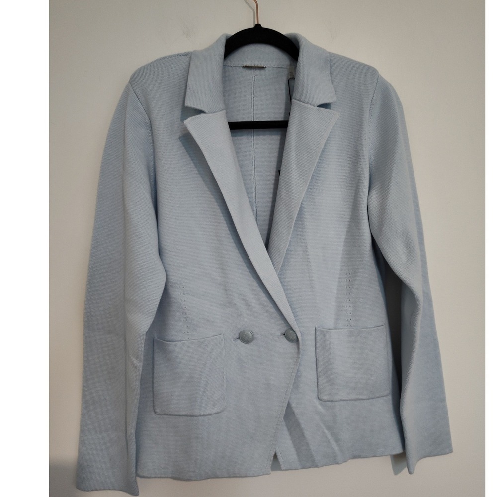 Elie Tahari Womens Arctic Blue Knit Blazer Double Breasted Jacket M ETR54218